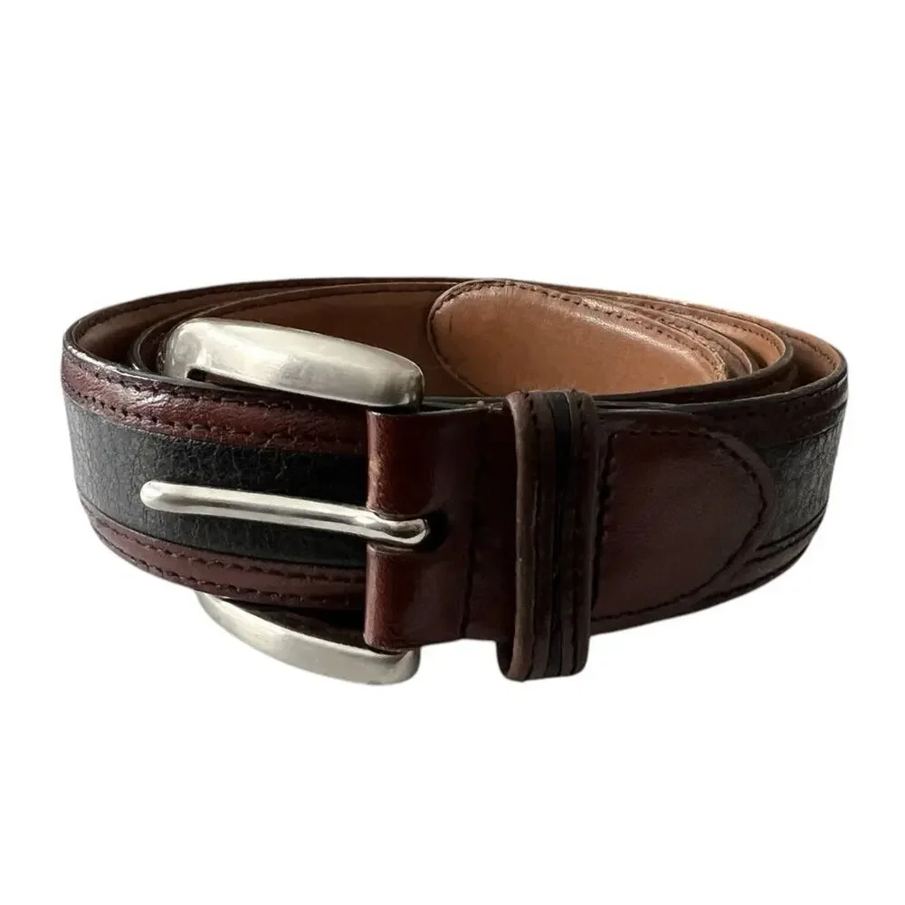 Johnston & Murphy Belt Men’s 44 Black Pebbled Leather & Brown Brass Buckle Italy
